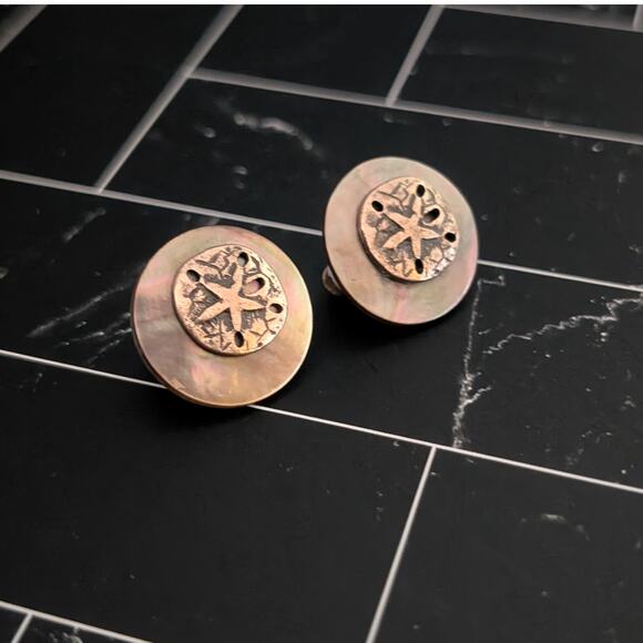Vintage Clip On Earrings - Mother of Pearl? with Gold Tone Sand Dollar 0.75" - Picture 2 of 11
